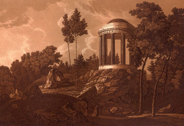 Heft 2, Blatt 1: Das Blatt ist eingebunden in eines von fünf Heften mit Ansichten von Dessau und Wörlitz. Auf einem Felsen in der von Fürst Leopold Friedrich Franz von Anhalt-Dessau (1740-1817) geschaffenen Wörlitzer Gartenlandschaft erhebt sich der 1794 bis 1797 als dorischer Monopteros errichtete Venustempel. Bez.: u.l.: gezeichnet von Kuntz. u.r.: geätzt von Schlotterbeck. u.M.: Der Venustempel zu Wörlitz. Chalcographische Gesellschaft zu Dessau 1799.