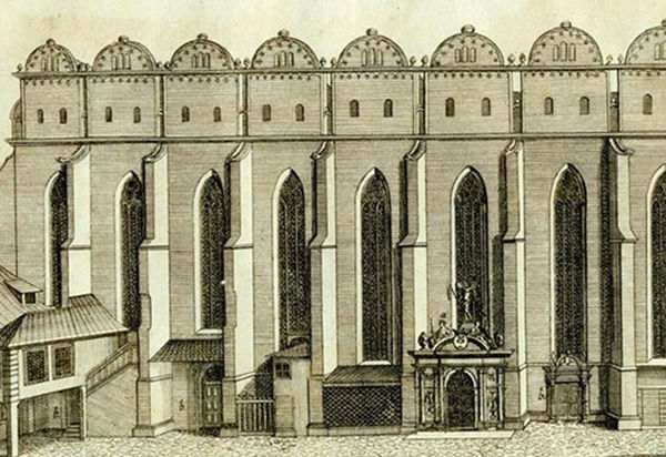 Der Kupferstich zeigt den Dom in Halle von Süden. Seit 1688 war hier die pfälzisch-reformierte Gemeinde untergebracht. Obwohl Lutheraner, war Georg Friedrich Händel hier von 1702-1703 als Organist beschäftigt. Der Stich ist signiert mit: Krügner jun. sculps. Lips. Die Bildüberschrift lautet: Das Neue Stifft oder, Die Dom=Kirche zu Halle. Die Abbildung wurde ursprünglich veröffentlicht in der sog. Dreyhaupt-Chronik: Dreyhaupt, Johann Christoph: Pagus neletici et nudzici, oder Ausführliche diplomatisch-historische Beschreibung des zum ehemaligen Primat und Ertz-Stifft, nunmehr aber durch den westphälischen Friedens-Schluß secularisirten Herzogthum Magdeburg gehörigen Saal-Creyses ... Insonderheit der Städte Halle, Neumarckt, Glaucha, Wettin, Löbegün, Cönnern und Alsleben ... - Halle : Schneider. Erster Theil. 1749. - Zweyter Theil. 1751. Die Abbildung findet sich hier im ersten Band nach S. 1096.