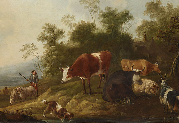 In Weitschs Schaffen waren Natur, vornehmlich die ihn umgebende Landschaft, und Kunst, die Landschaftsmalerei vornehmlich der Alten Meister, als Inspiration von etwa demselben Gewicht. Namentlich waren es die Maler des Holländischen Goldenen Zeitalters, auf die er sich in seinen Briefen vielfach berief. Waren es in den späteren Jahrzehnten seines Malerlebens die großen Realisten, allen voran Jacob van Ruisdael mit seiner heroischen Landschaftsauffassung, die ihm Orientierung boten, so waren in seiner Frühzeit vor allem die sogenannten ‚Holländischen Italianisanten‘ mit ihrer idyllisch gestimmten Landschaftskunst von prägendem Einfluss auf Weitsch. Hirten mit ihrem Vieh sind die weiteren wesentlichen Elemente des Bildtyps der Holländischen Italianisanten und so auch in einem beträchtlichen Teil des Schaffens Weitschs. Der ideale Beruf in Literatur und Bildender Kunst ist derjenige des Hirten. Dieser verkörpert das anspruchs- und damit sorglose, fried- und musevolle Leben, frei von gesellschaftlichen Zwängen. Diese idyllische Utopie erhielt bereits in der Antike nach einem kargen Landstrich, der mythischen Heimat Pans auf der griechischen Insel Peloponnes, den Namen: Arkadien. Diese Vision über den Naturzustand des Menschen und ein Leben in Glückseligkeit war im 18. Jahrhundert aktuell wie selten zuvor. Auch Gleims Dichtung etwa war vielfach in diesem mythischen Arkadien angesiedelt. In Weitschs pastoralen Idyllen, in denen die Staffage häufig eine tragende Rolle einnimmt, bewegen sich indes keine überzeitlichen Hirten, sondern einheimisches Landvolk der Entstehungszeit. Von Anfang an und mit zunehmender Konsequenz zeigt der Maler hier zeitgenössisches Landleben, wiewohl manche anekdotenhafte Szene, etwa eine melkende Viehhirtin oder ein saufender Hund auf ganz ähnliche Weise auch bei den Holländischen Italianisanten und eben bei Berchem vorkommen.