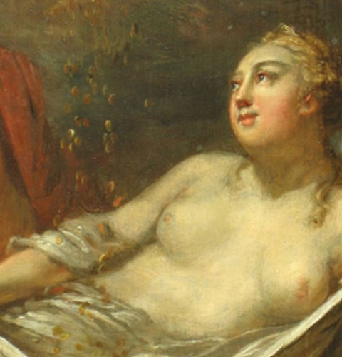 Der Maler Gottfried Hempel war um die Mitte des 18. Jahrhunderts in Berlin vor allem als Porträtist tätig. Hempel gehörte zum Berliner Freundeskreis Johann Wilhelm Ludwig Gleims. Seinen Niederschlag hat dies in einer bedeutenden Bildnisreihe Gleim’scher Freunde im Gleimhaus gefunden. Der originelle Porträtist und Gleim-Freund Hempel stellt sich im vorliegenden Bild als Figurenmaler vor. Das Thema seines Gemäldes ist der griechischen Mythologie entnommen: Danae und der Goldregen. Göttervater Zeus war sehr erfinderisch in der Wahl der Gestalt, sich der jungen weiblichen Schönheit zu nähern: Als Schwan, als Wolke oder, im Fall der Danae, als goldener Regen. Die Königstochter schürzt das Leibchen, um den Regen in den Schoß aufzufangen. Desto leichter gelangt der Göttervater ans Ziel. Die Frucht dieses Liebesabenteuers ist Perseus. Hinter einem Vorhang im Hintergrund wohnt der kleine Amor der Szene bei. Er fordert den Betrachter mit dem Finger auf den Lippen auf, nichts zu verraten. Diese konspirative Geste zeigt, dass er weiß, was es mit dem Regen auf sich hat, und auch weiß, dass wir wissen. bez. rechts unten: G: Hempel Dauerleihgabe d. Landes Sachsen-Anhalt