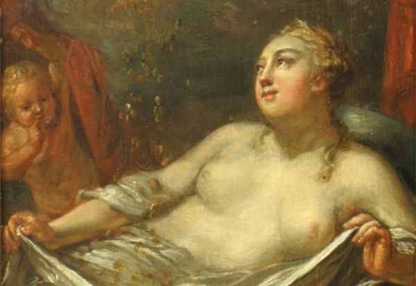 Der Maler Gottfried Hempel war um die Mitte des 18. Jahrhunderts in Berlin vor allem als Porträtist tätig. Hempel gehörte zum Berliner Freundeskreis Johann Wilhelm Ludwig Gleims. Seinen Niederschlag hat dies in einer bedeutenden Bildnisreihe Gleim’scher Freunde im Gleimhaus gefunden. Der originelle Porträtist und Gleim-Freund Hempel stellt sich im vorliegenden Bild als Figurenmaler vor. Das Thema seines Gemäldes ist der griechischen Mythologie entnommen: Danae und der Goldregen. Göttervater Zeus war sehr erfinderisch in der Wahl der Gestalt, sich der jungen weiblichen Schönheit zu nähern: Als Schwan, als Wolke oder, im Fall der Danae, als goldener Regen. Die Königstochter schürzt das Leibchen, um den Regen in den Schoß aufzufangen. Desto leichter gelangt der Göttervater ans Ziel. Die Frucht dieses Liebesabenteuers ist Perseus. Hinter einem Vorhang im Hintergrund wohnt der kleine Amor der Szene bei. Er fordert den Betrachter mit dem Finger auf den Lippen auf, nichts zu verraten. Diese konspirative Geste zeigt, dass er weiß, was es mit dem Regen auf sich hat, und auch weiß, dass wir wissen. bez. rechts unten: G: Hempel Dauerleihgabe d. Landes Sachsen-Anhalt