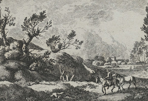 Ferdinand Kobell: Buschige Hügellandschaft mit zwei Pferden, 18. Jh., Radierung, 7,8 x 17 cm, Kulturstiftung Sachsen-Anhalt - Kunstmuseum Moritzburg Halle (Saale), Foto: Kulturstiftung Sachsen-Anhalt.