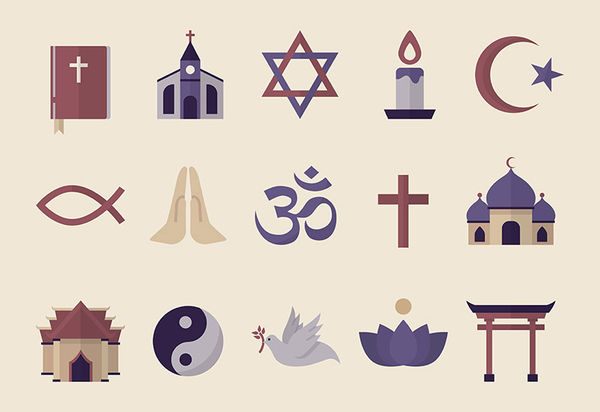 Die Abbildung zeigt verschiedene Symbole, die alle für eine Religion stehen. Man sieht eine Bibel, ein Kreuz, eine christliche Kirche, das frühchristliche Fischsymbol (Ichthys) eine Taube mit einem ölzweig im Schnabel und zwei betende Hände. Daneben finden sich eine Moschee und ein Torii, Stern und Halbmond das Symbol Yin und Yang, eine brennende Kerze, den Davidstern, eine Lotusblüte und einen Tempel. 