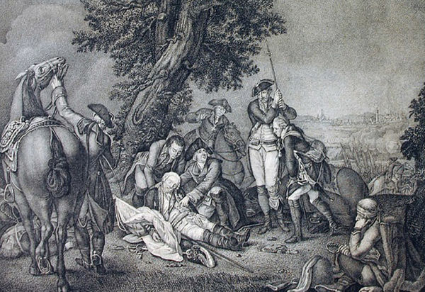 Text unten im Passepartout: Schwerin’s Tod in der Schlacht bei Prag den 6.Mai 1757 u.l.: Lith. von I. Birth  Die Lithographie wurde nach einem Kupferstich von Daniel Berger erstellt und hatte als Vorlage das Gemälde "The Death of Field Marshal Schwerin at the Battle of Prague" von Johann Christoph Frisch. Im Bildzentrum am Fuße eines Baum in Händen zweier Uniformierter liegt Schwerin im Sterben. Um ihn herum haben sich trauernde Soldaten und Reiter versammelt. Er war seit 1740 preussischer Generalfeldmarschall und kämpfte unter Friedrich II. gegen Österreich. In seinem rechten Arm hängt lose eine Fahne und daneben liegt sein Degen auf dem Boden. Rechts im Hintergrund kann man schemenhaft die Stadt Prag und noch einige Soldaten erkennen.