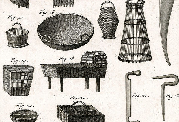 Diese Kupferstich-Tafel wurde von Benard um 1780 hergestellt. Sie war für die berühmte Encyclopédie bestimmt, deren Herausgeber Denis Diderot und Jean-Baptiste le Rond d’Alembert waren. Für das Kinderwagenmuseum war diese Darstellung besonders interessant, da die Korbflechterei über lange Zeit ein unabdingbarer Bestandteil der Kinderwagenherstellung war. 