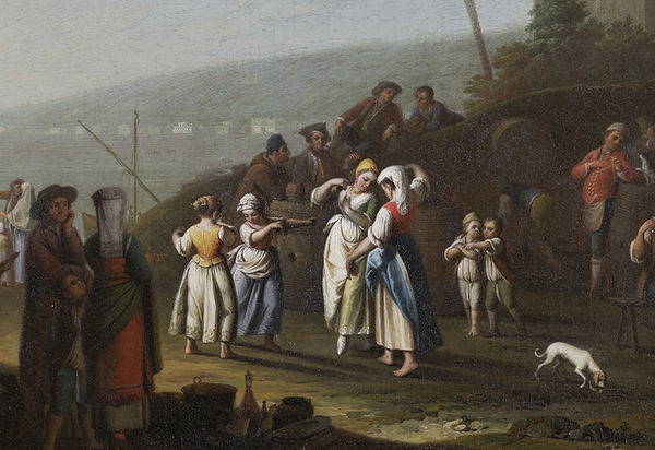 Blick aus einer Grotte auf den Golf von Neapel. In und vor der Grotte vergnügt sich eine zahlreiche Volksmenge mit Essen und Tanzen. Im Hintergund steht auf einem Felsen eine Haus. Repliken des Bildes befinden sich in Windsor Castle und in einer neapolitanischen Privatsammlung. (KSDW)